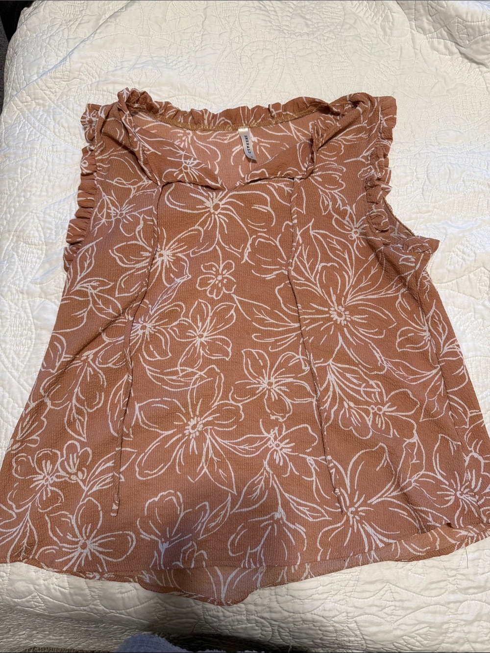 Emerald Rust Floral Sleeveless Ruffle Neck Blouse